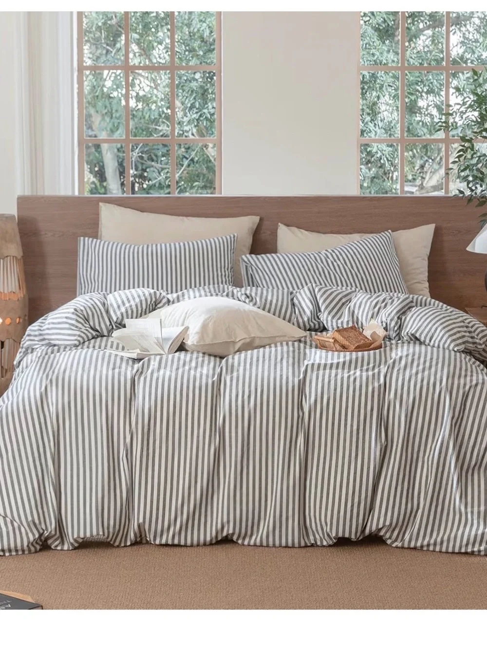 Striped Gray and White Duvet Cover Set - Neutral Cotton Blend